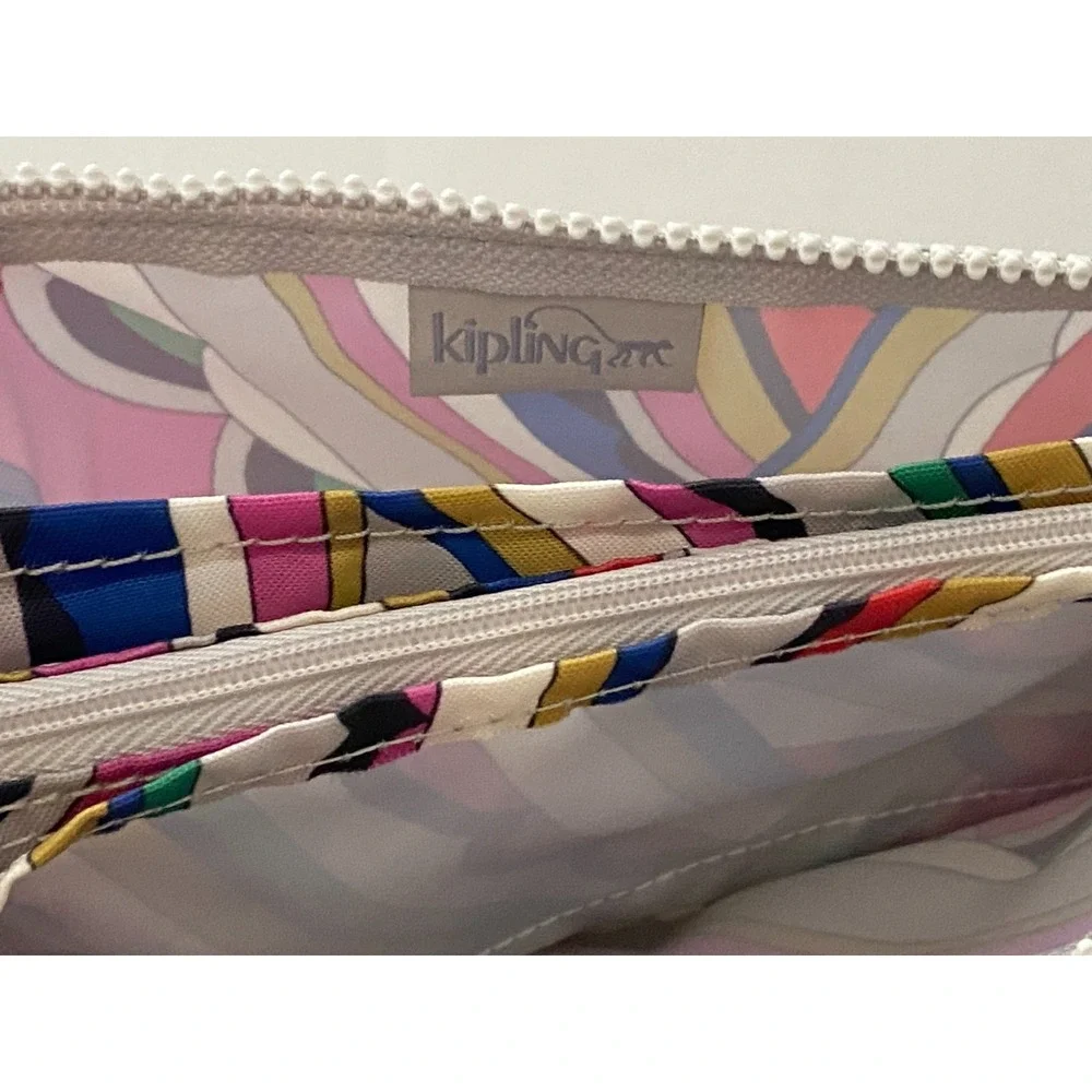 Kipling~ Female Crown stripe Creativity Pouch Wristlet XL 3 Pocket Zipper Monkey